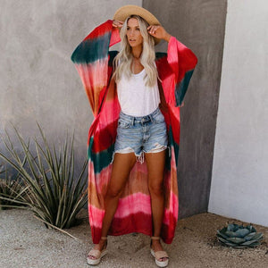 parine.pl Czerwony / XL Długie Kimono Plażowe W Paski