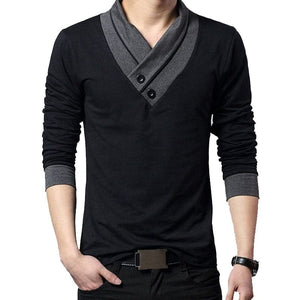 parine.pl Czarny / 3XL Elegancki Bawełniany Longsleeve Męski Z Dekoltem W Serek