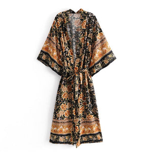 parine.pl Czarny / L Wiązane Wzorzyste Kimono Plażowe