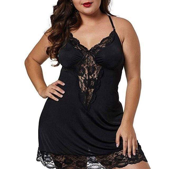 Parine Black / 4XL / China Koszula Nocna Plus Size Z Koronkowymi Wstawkami