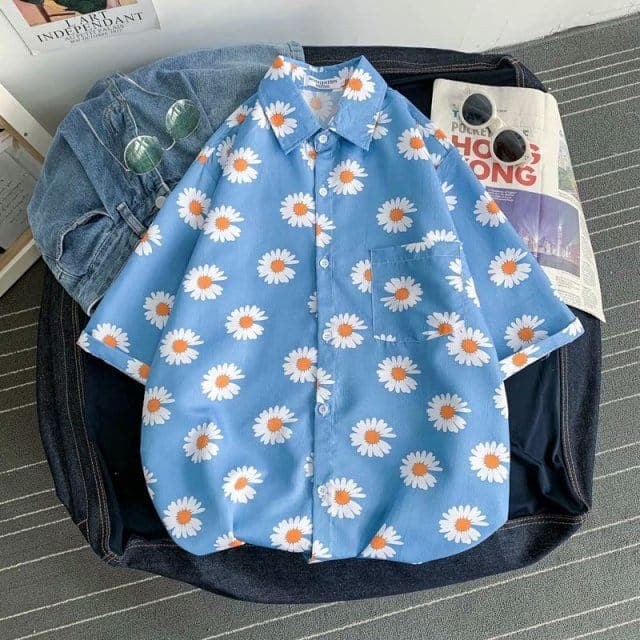 Parine Blue / Asian size XXXL Zapinana Na Guziki Kwiecista Koszula Męska Z Kołnierzem