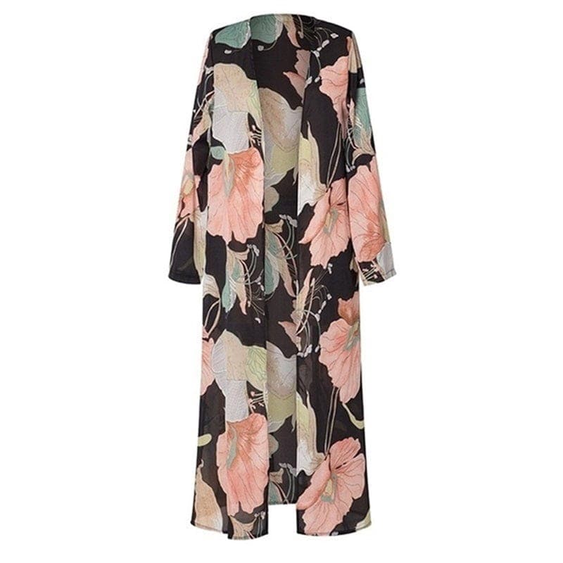 parine.pl Czarny / XXL Długie Kimono Plażowe W Kwiaty