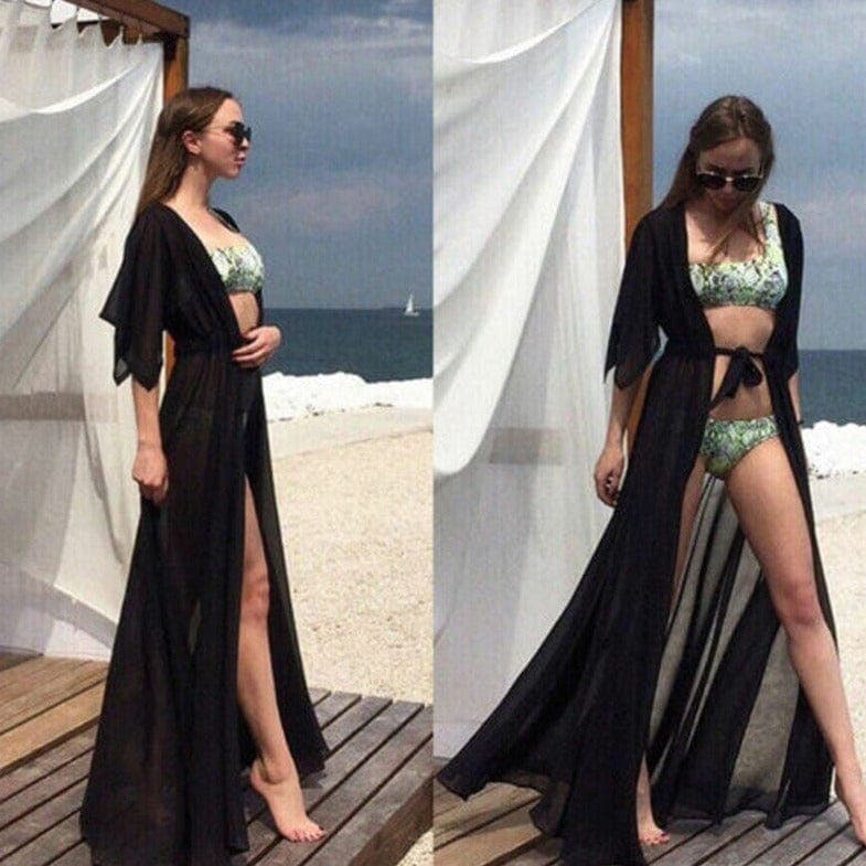 parine.pl Czarny / Uniwersalny Długie Kimono Plażowe Z Wiązaniem