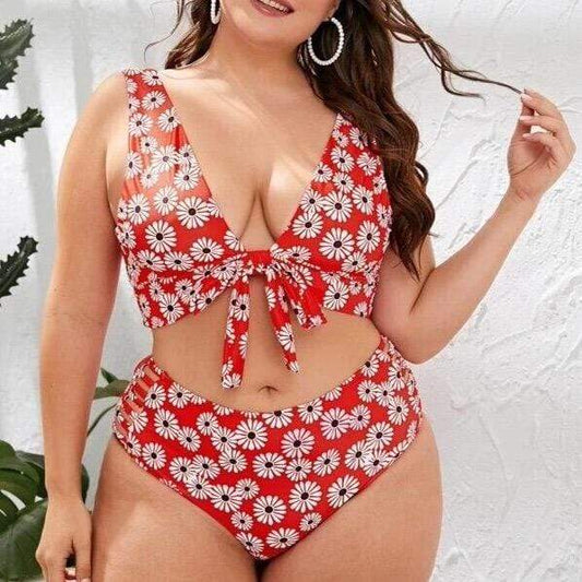 parine.pl 211 Czerwony / L Dwuczęściowy Strój Kąpielowy Plus Size W Kwiatki