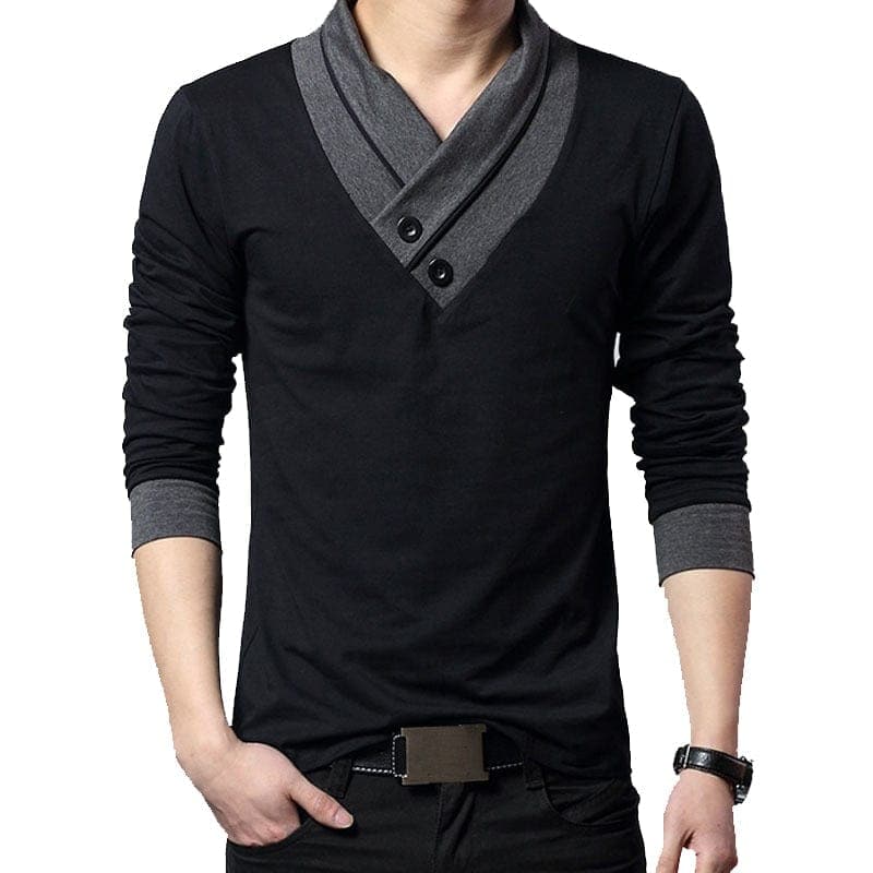 parine.pl Czarny / 3XL Elegancki Bawełniany Longsleeve Męski Z Dekoltem W Serek