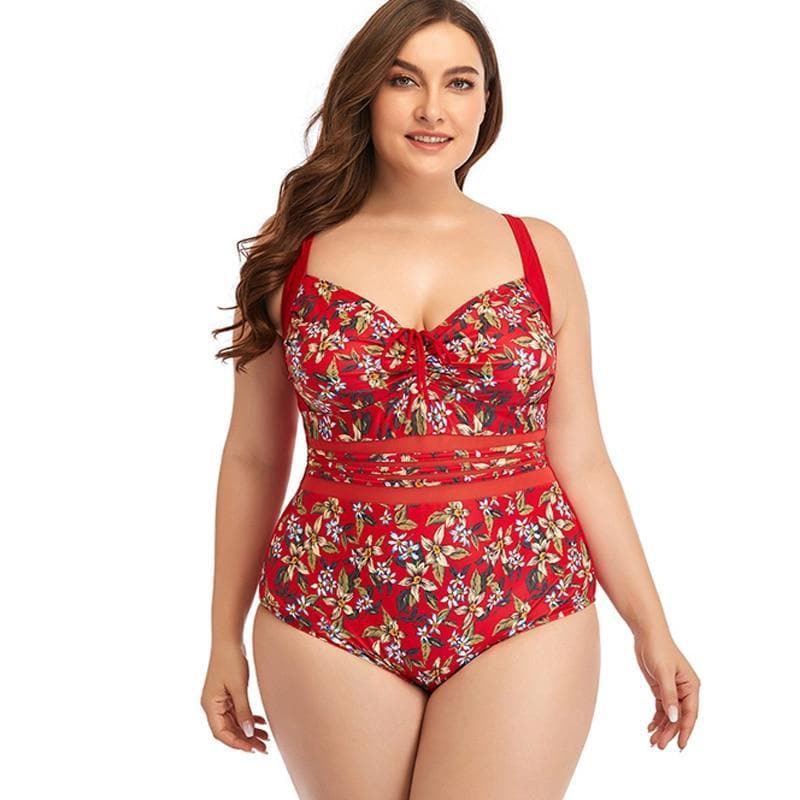 parine.pl 211 Czerwony / XL Jednoczęściowy Strój Kąpielowy Plus Size W Kwiatowe Wzory