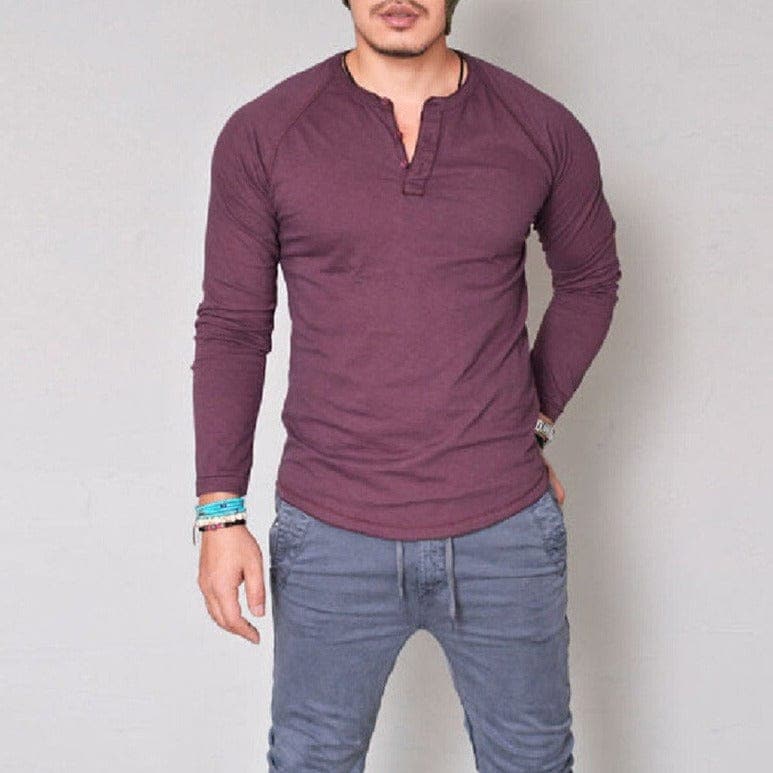 parine.pl Czerwony / L Klasyczny Longsleeve Męski Z Dekoltem W Serek