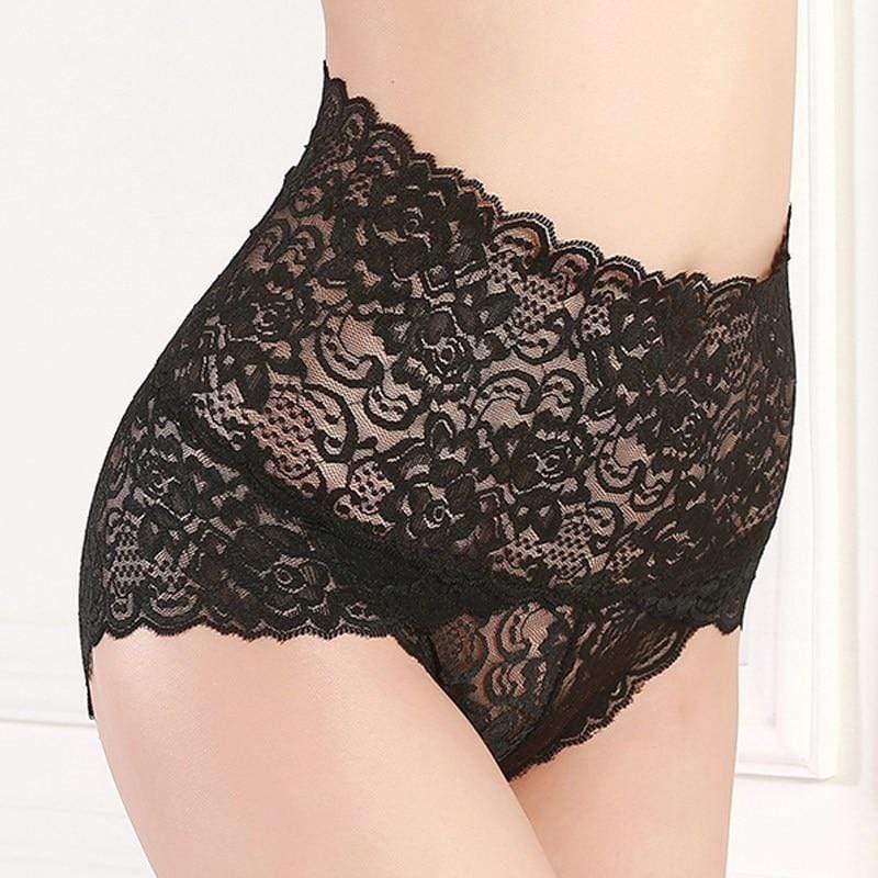 parine.pl 1772 Czarny / XL Koronkowe Majtki Plus Size Z Wysokim Stanem