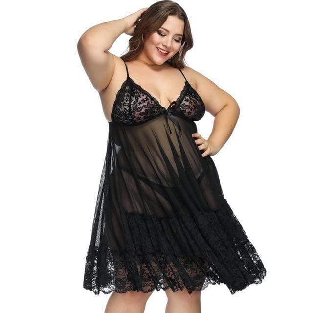 parine.pl 5513 Czarny / 6XL Koszula Nocna Plus Size Transparentna Z Wyjątkową Koronką