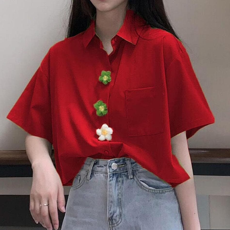 parine.pl Odzież > Koszulka Czerwony / M Luźny T-shirt Polo Z Kwiatami