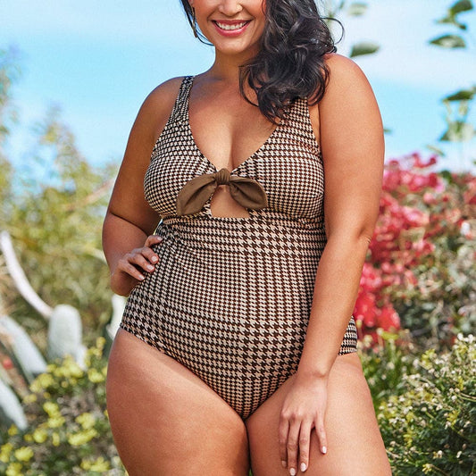 parine.pl Brązowy / 4XL Plus Size Bikini W Kratkę Z Kokardą