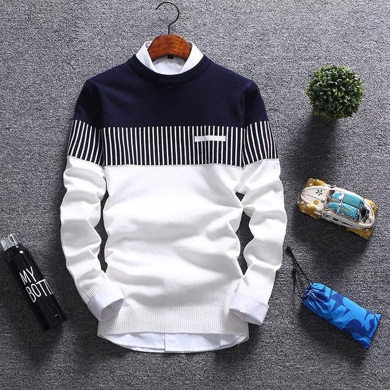 parine.pl Biały / M Wełniany Longsleeve Męski W Paski