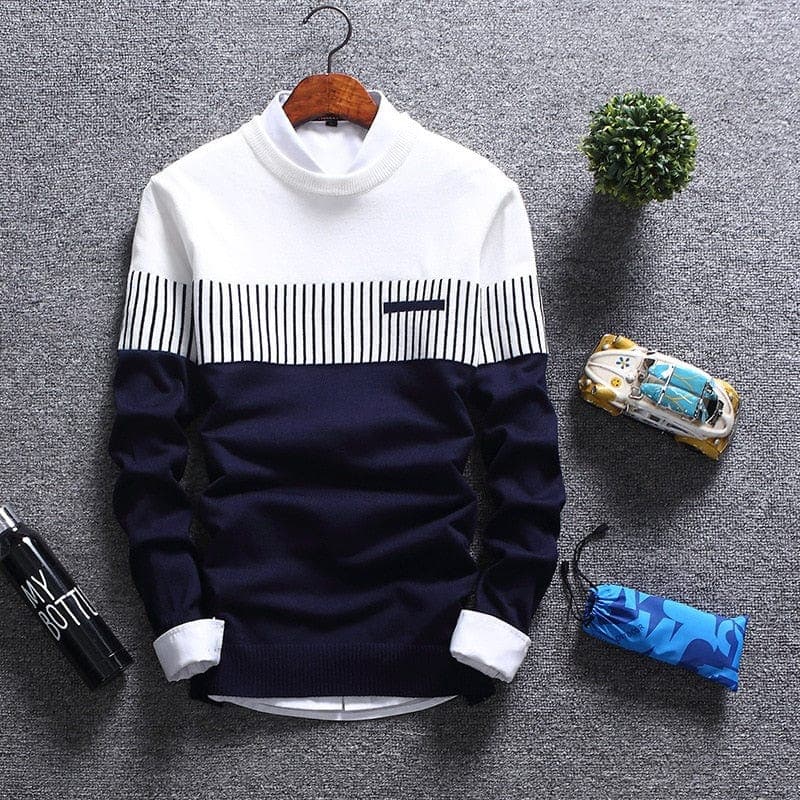 parine.pl Granatowy / XL Wełniany Longsleeve Męski W Paski