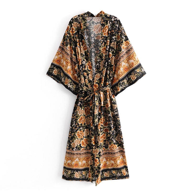 parine.pl Czarny / L Wiązane Wzorzyste Kimono Plażowe