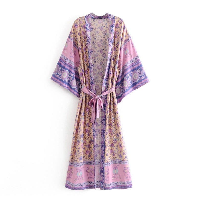 parine.pl Fioletowy / L Wiązane Wzorzyste Kimono Plażowe