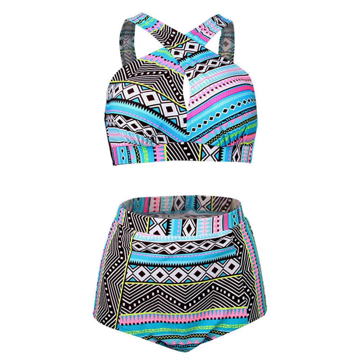 parine.pl Jasnoniebieski / XL Wzorzyste Plus Size Bikini Z Wycięciem Na Dekolcie